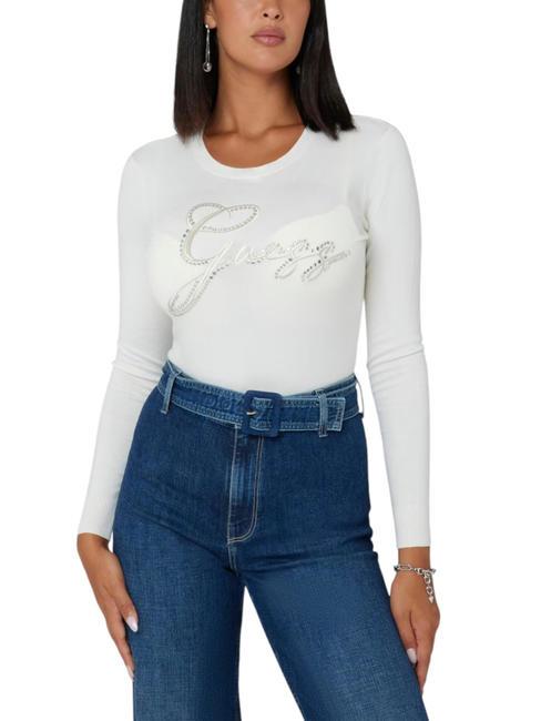 GUESS OLIVE Pulover cu gat cu strasuri cremwhi - Pulovere pentru femei