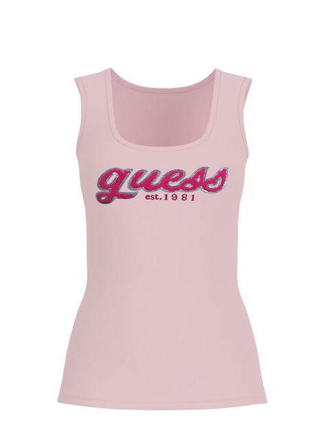 GUESS CHENILLE LOGO  Top din bumbac roz cu cheie redusă - tricou