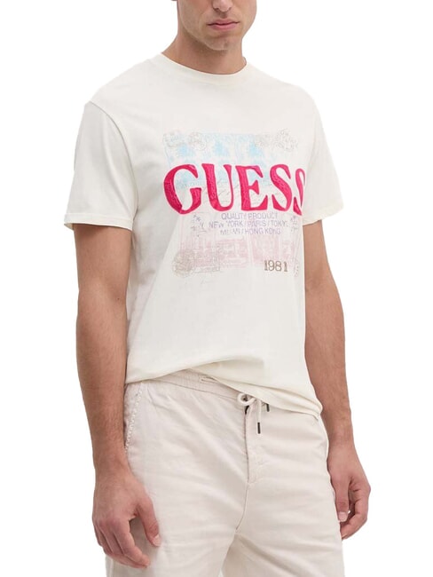 GUESS WORLD STAMPS Tricou din bumbac alb perlat multi - tricou
