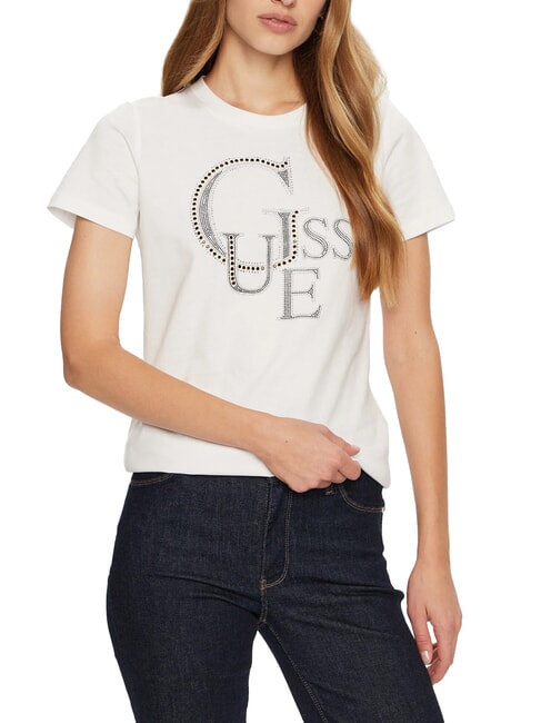 GUESS STUDDED Tricou din bumbac logo cu strass alb purpuriu - tricou