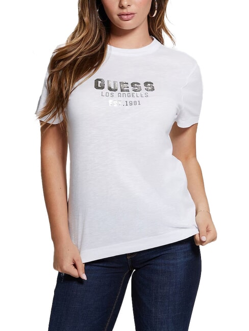 GUESS PYRAMIDE Tricou cu imprimeu in relief alb purpuriu - tricou