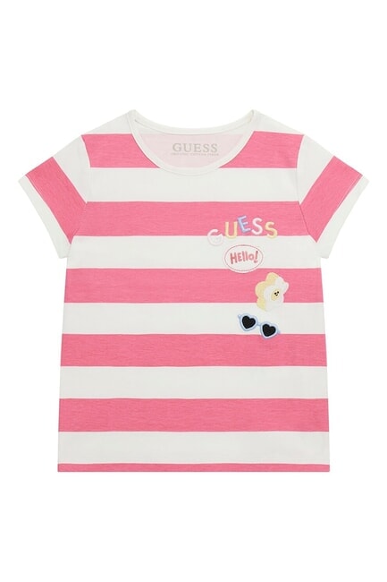 GUESS KIDS Tricou cu dungi alb și fucsia st - Tricou copil
