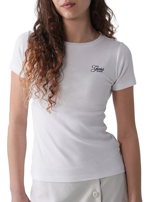 GUESS JEANS SS CN EMBRO SLIM Tricou din bumbac stretch alb purpuriu - tricou