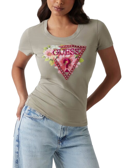GUESS SS CN TRIANGLE Tricou cu logo triunghi floral frunza de salvie - tricou