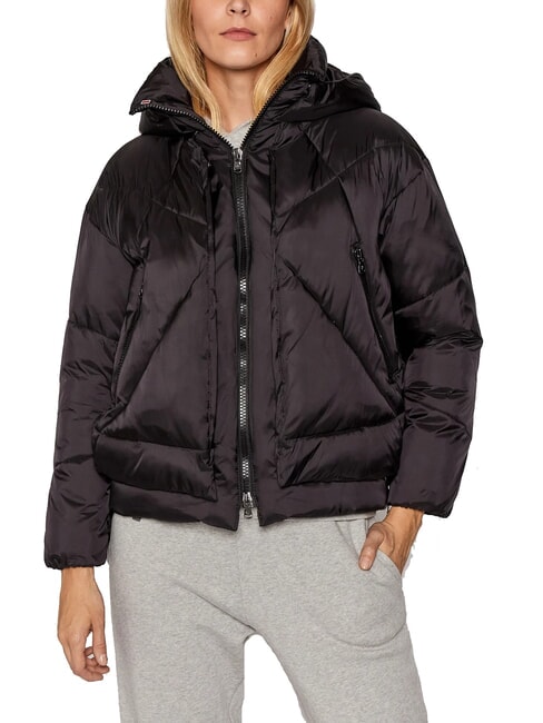 CANADIAN EUGENIE Jachetă scurtă din satin cu puf și glugă negru - Jachete de puf pentru femei