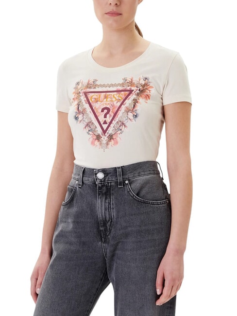 GUESS TRIANGLE FLOWERS Tricou elastic cu imprimeu fard de obraz de vanilie - tricou