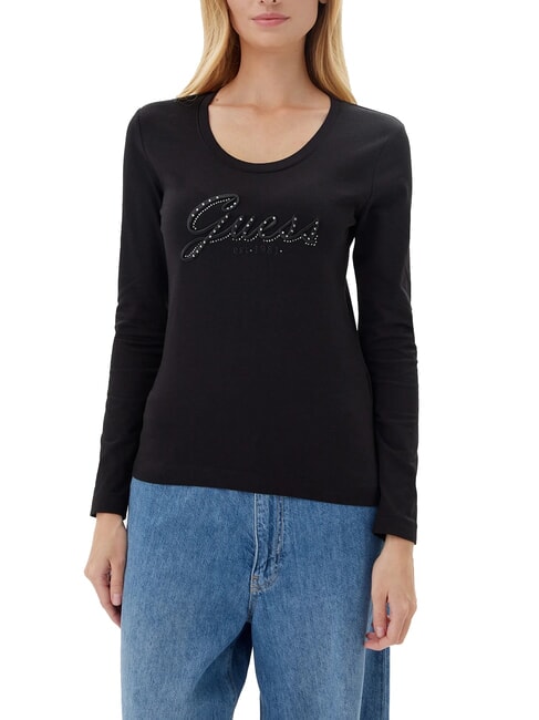 GUESS EMBRO SCRIPT LOGO Tricou cu mânecă lungă, logo și strasuri jetbla - tricou