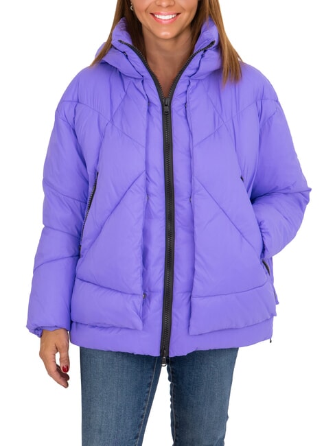 CANADIAN EUGENIE Jachetă scurtă din satin cu puf și glugă opulență purpurie - Jachete de puf pentru femei