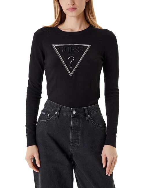 GUESS KIARA TRIANGLE LOGO Pulover cu guler rotund și strasuri jetbla - Pulovere pentru femei