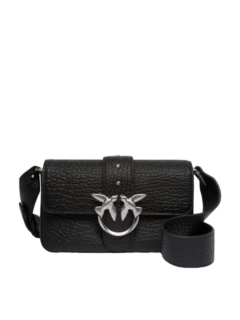 PINKO LOVE ONE SLOUCHY  Geantă de umăr mini din piele limuzină neagră - argintiu mat - Genți femei