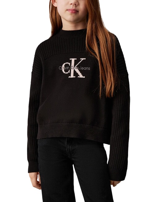 CALVIN KLEIN CK KIDS Pulover cu guler rotund din bumbac ck negru - Pulovere pentru copii
