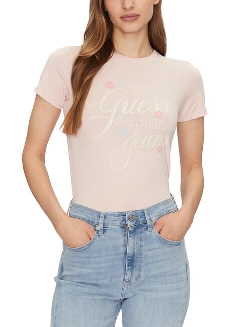 GUESS JEANS FLOWER Tricou slim fit cu mânecă scurtă blush bumbac - tricou