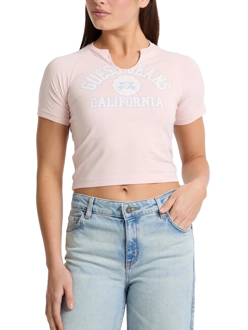 GUESS JEANS LOGO CALIFORNIA Tricou scurt, elastic, crop blush bumbac - tricou