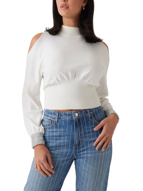 GUESS BLING Pulover cu guler înalt și manșete decupate cu strasuri dovwhi - Pulovere pentru femei