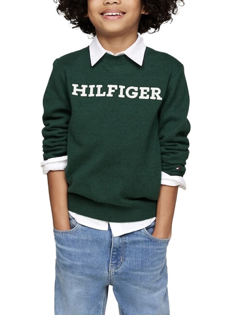 TOMMY HILFIGER TH KIDS Pulover cu guler rotund verde ornamental - Pulovere pentru copii