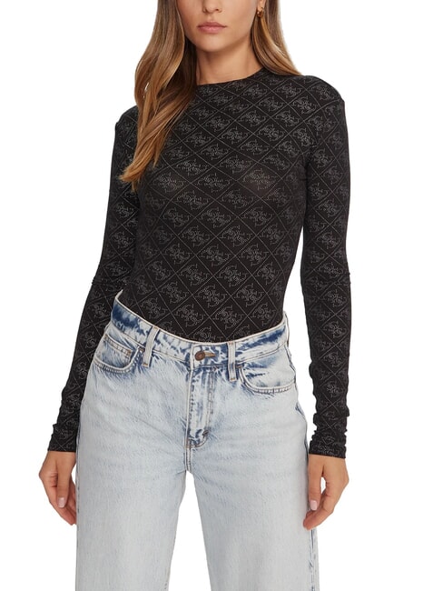 GUESS TEODORA Pulover cu mânecă lungă și guler rotund, cu strasuri jetbla - Pulovere pentru femei