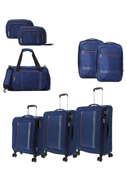 AMERICAN TOURISTER BLAZING RIDE Set de 3 trolere + geantă de voiaj + 2 rucsacuri + 2 truse cosmetice bleumarin/portocaliu - Set trolere