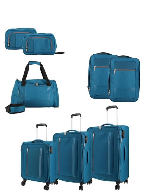 AMERICAN TOURISTER BLAZING RIDE Set de 3 trolere + geantă de voiaj + 2 rucsacuri + 2 truse cosmetice turcoaz/portocaliu - Set trolere