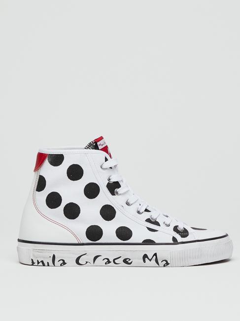 Sneaker high top a pois in canvas  alb negru - Pantofi femei