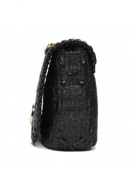 STRAW EMBROIDERY Geantă mică de umăr cu clapă negru - Genți femei