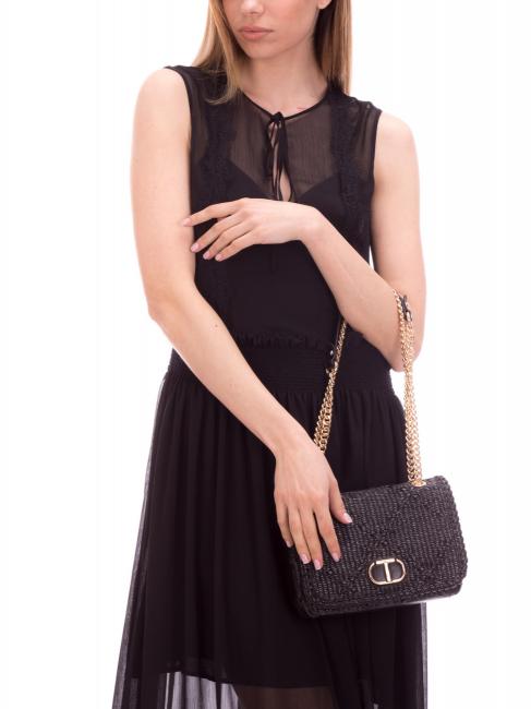 STRAW EMBROIDERY Geantă mică de umăr cu clapă negru - Genți femei