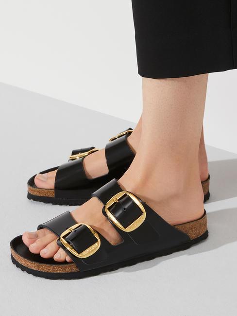 ARIZONA Big Buckle Sandale papuci din piele strălucește negru - Pantofi unisex