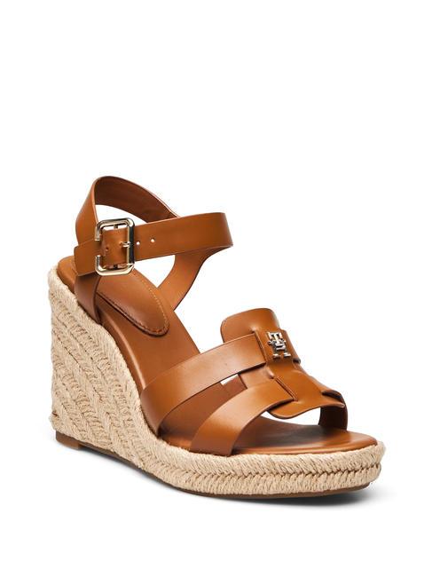 TH Sandale cu pană espadrile &icirc;nalte din piele maro coniac - Pantofi femei