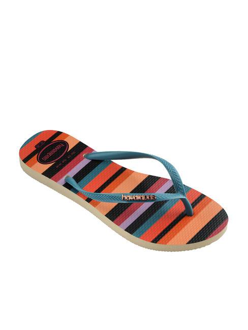 SLIM PATCHWORK Papuci flip-flop bej paie/albastru - Pantofi femei