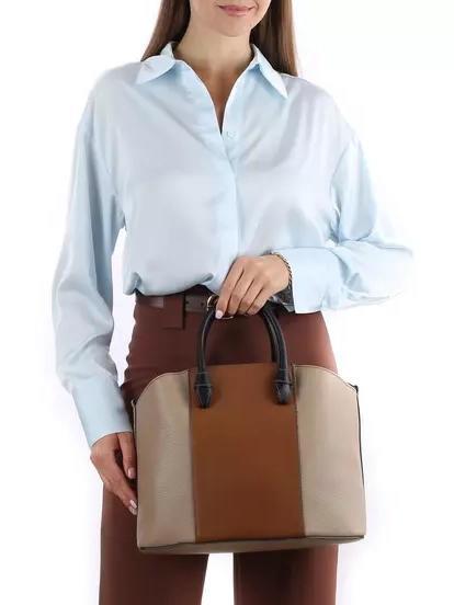 MIASTELLA Geantă tote din piele cu curea de umăr greige+cognac h+negru - Genți femei