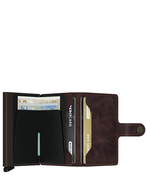 VINTAGE  Portofel din piele cu suport card din aluminiu ciocolată - Portofele bărbați