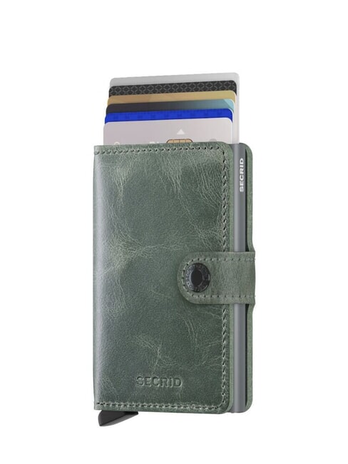 VINTAGE  Portofel din piele cu suport card din aluminiu salvie - Portofele bărbați