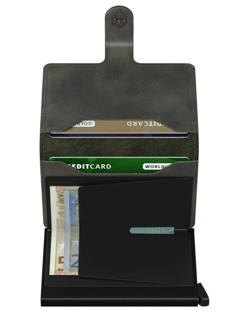 VINTAGE  Portofel din piele cu suport card din aluminiu negru măsliniu - Portofele bărbați