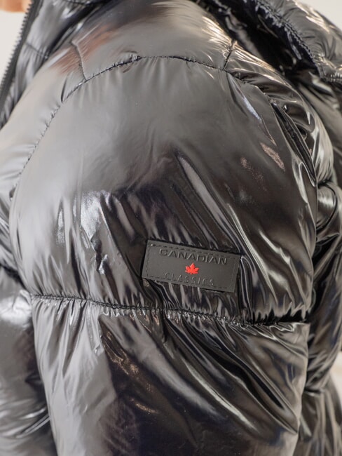 MINGAN Jachetă scurtă și strălucitoare cu puf și glugă negru strălucitor reciclat - Jachete de puf pentru femei