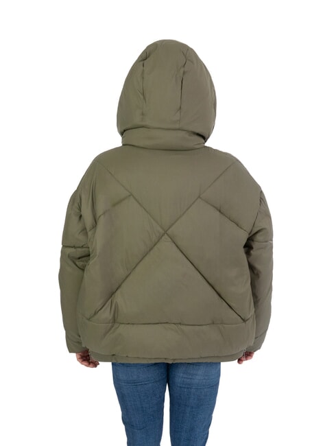 EUGENIE Jachetă scurtă din satin cu puf și glugă noapte de măsliniu - Jachete de puf pentru femei