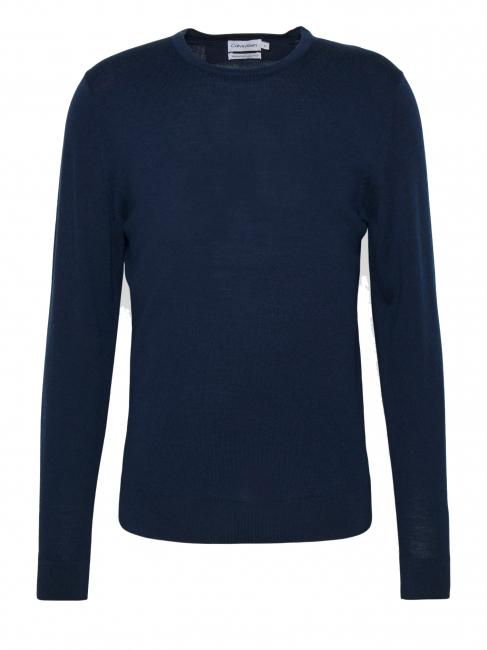 SUPERIOR WOOL Pulover din lana cu gat rotund Calvin Navy - Pulovere pentru bărbați