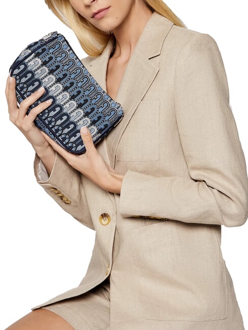 MOON Geantă mini din material jacquard albastru denim + tonuri de negru - Genți femei