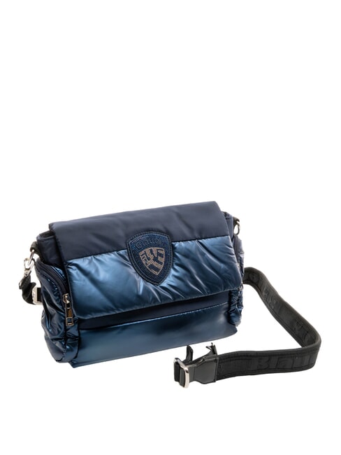 PADDED NYLON Geantă de umăr pufoasă cu logo cu strasuri BLUE - Genți femei