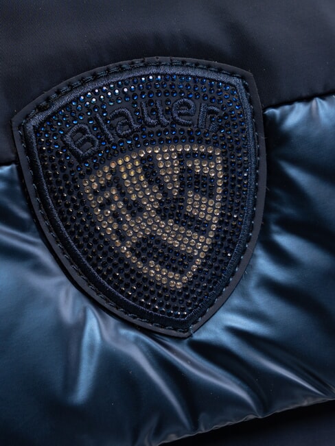 PADDED NYLON Geantă de umăr pufoasă cu logo cu strasuri BLUE - Genți femei