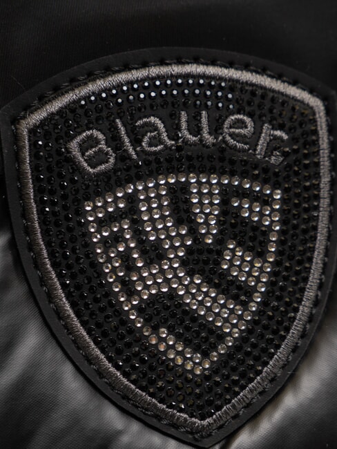 PADDED NYLON Geantă de umăr pufoasă cu logo cu strasuri BLACK - Genți femei