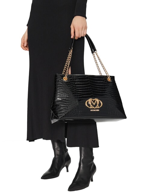 SHINY CROCO Geantă de cumpărături de umăr crocus negru - Genți femei