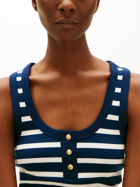 HENLEY maiou cu 3 nasturi dungă bretonă albă bleumarin &icirc;nchis noapte &icirc;ntunecată - tricou