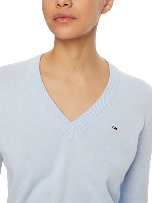 TH JEANS Pulover din bumbac cu decolteu &icirc;n V pentru femei albastru dulce - Pulovere pentru femei