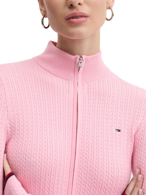 TH JEANS Cardigan ușor, tricotat cu &icirc;mpletitură, cu fermoar complet dungă roz de zahăr - Pulovere pentru femei