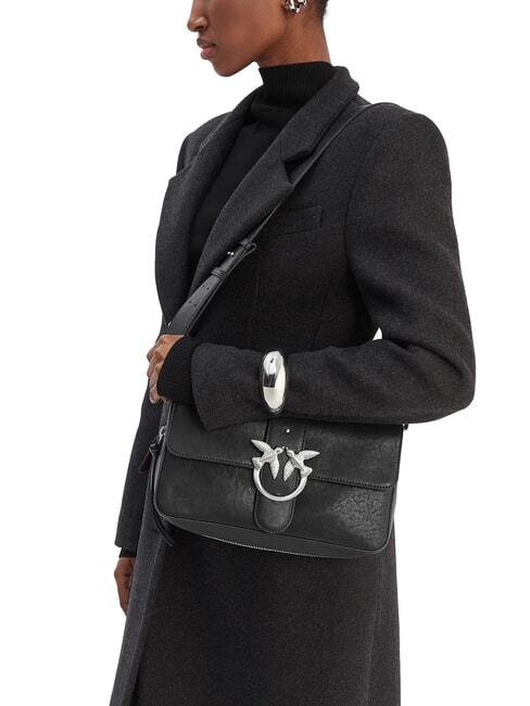 LOVE ONE Geantă de umăr din piele limuzină neagră - argintiu mat - Genți femei