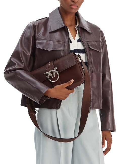 LOVE ONE Geantă de umăr din piele castaniu maro argintiu mat - Genți femei