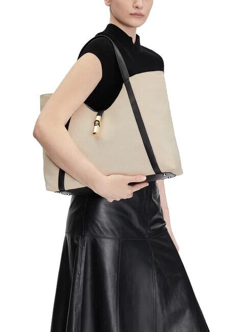 CAMPIONARIO - GOCCIA Geantă de umăr din p&acirc;nză natural + negru - Genți femei